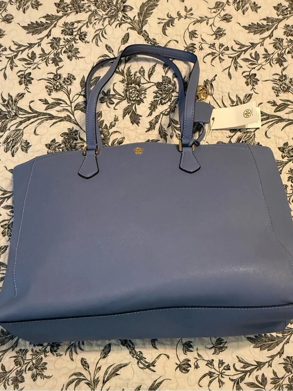 Tory Burch Periwinkle Leather Robinson Tote with Gold Logo Charm